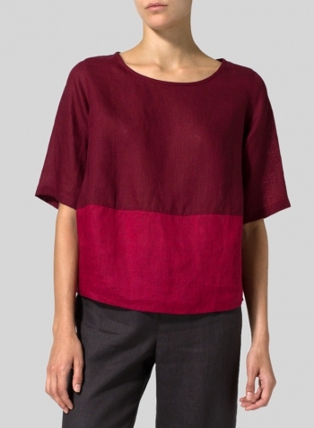 Burgundy Red Two Tone Linen Slip-on Half Sleeve Blouse