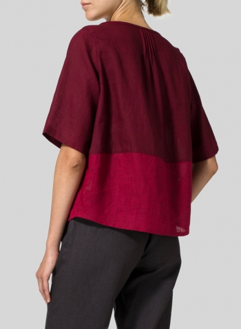 Burgundy Red Two Tone Linen Slip-on Half Sleeve Blouse