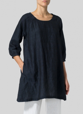 Denim Blue Linen Elbow Sleeve Tunic