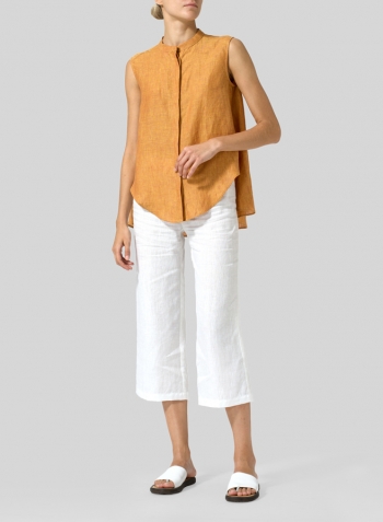 Golden Brown Linen A-line Sleeveless Top with Mandarin Collar