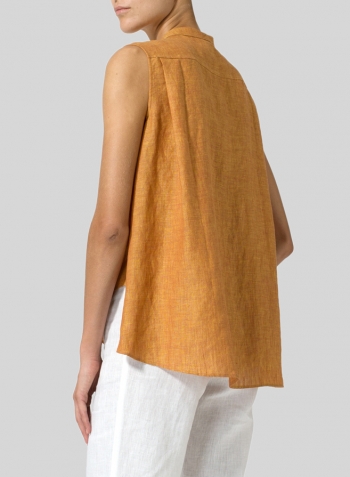 Golden Brown Linen A-line Sleeveless Top with Mandarin Collar