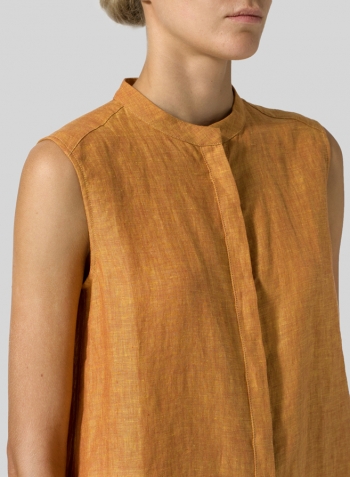 Golden Brown Linen A-line Sleeveless Top with Mandarin Collar