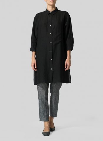 Black Linen Half-Sleeve Long Shirt
