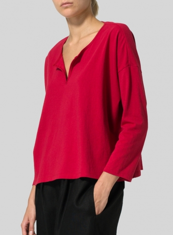 Red Medium Weight Cotton V-neck Boxy Top