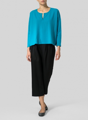 Dark Turquoise Medium Weight Cotton V-neck Boxy Top