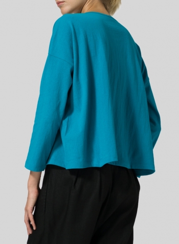 Dark Turquoise Medium Weight Cotton V-neck Boxy Top