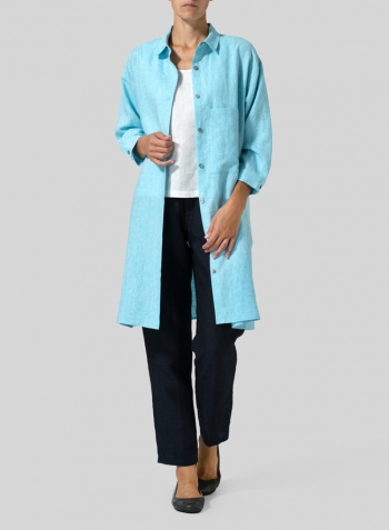 Blue Linen Half-Sleeve Long Shirt