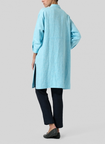 Blue Linen Half-Sleeve Long Shirt