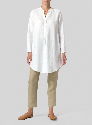 White Linen Long Blouse With V-neck Mandarin Collar