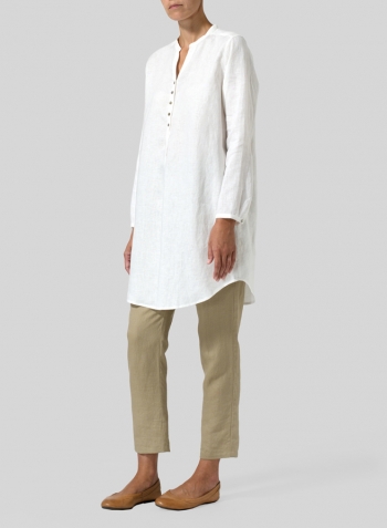 White Linen Long Blouse With V-neck Mandarin Collar