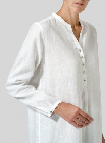 White Linen Long Blouse With V-neck Mandarin Collar