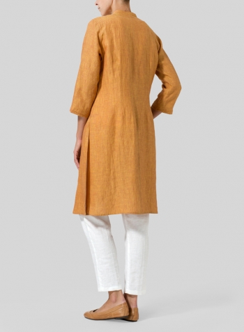 Golden Brown Linen V-neck Stand Collar Long Blouse