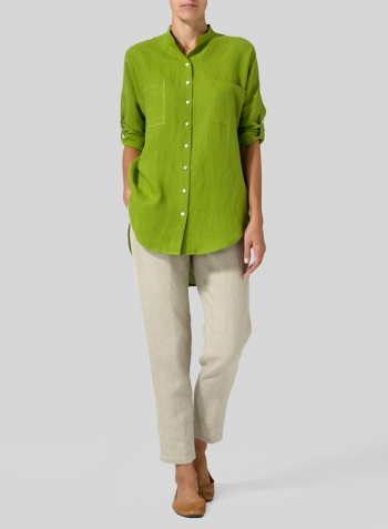 Green Leaf Linen Mandarin Collar Blouse