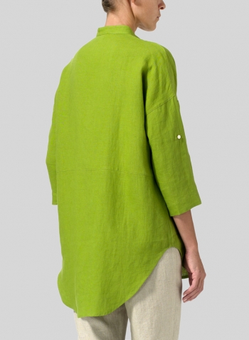 Green Leaf Linen Mandarin Collar Blouse