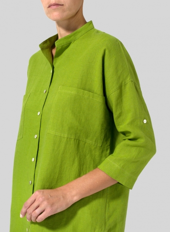 Green Leaf Linen Mandarin Collar Blouse