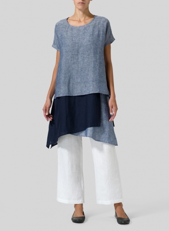 Two Tone Blue White Navy Linen Layered Top