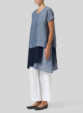 Two Tone Blue White Navy Linen Layered Top