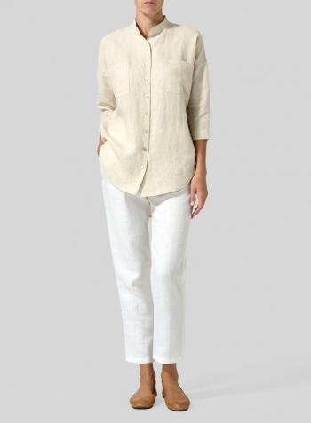 Oat Linen Mandarin Collar Blouse