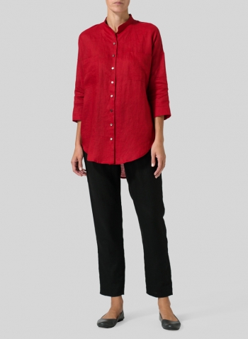 Red Linen Mandarin Collar Blouse