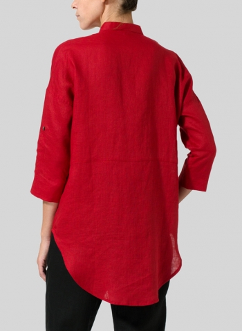 Red Linen Mandarin Collar Blouse