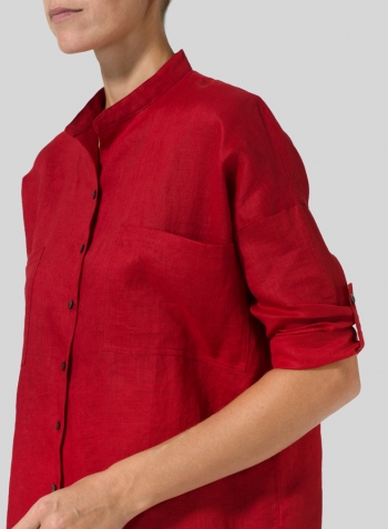 Red Linen Mandarin Collar Blouse