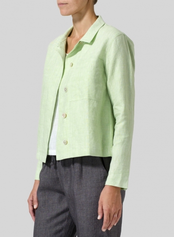 Two Tone Light Green Linen Cropped Shirt Jacket with Pockets