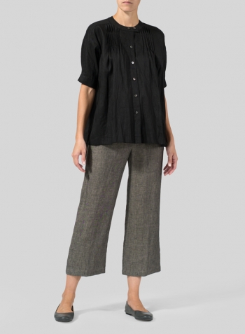 Black Linen Pintucked Short Sleeves Blouse