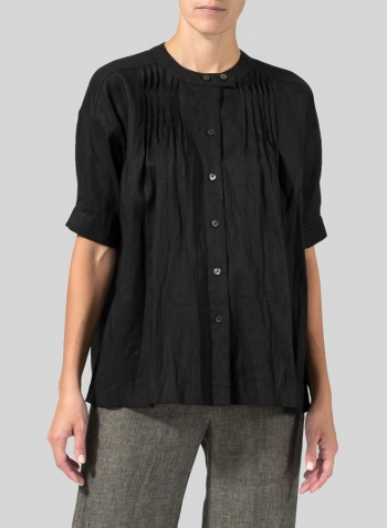 Black Linen Pintucked Short Sleeves Blouse