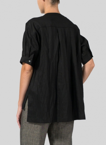 Black Linen Pintucked Short Sleeves Blouse