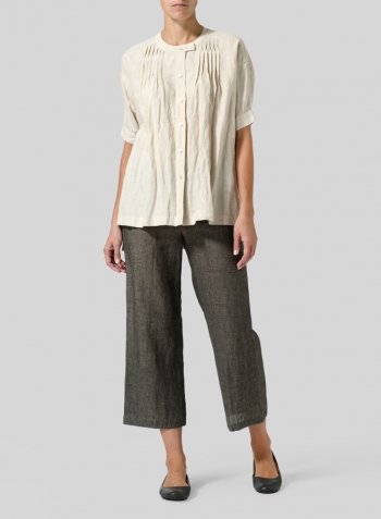 Oat Linen Pintucked Short Sleeves Blouse