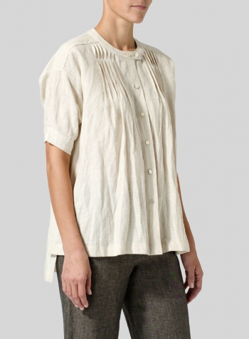 Oat Linen Pintucked Short Sleeves Blouse