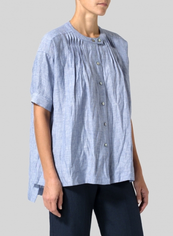 Light Denim Linen Pintucked Short Sleeves Blouse