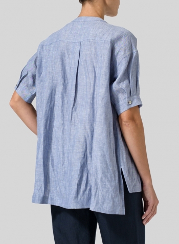 Light Denim Linen Pintucked Short Sleeves Blouse