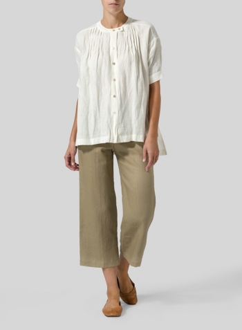 Off White Linen Pintucked Short Sleeves Blouse