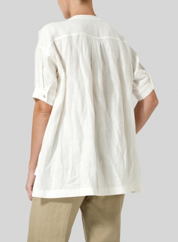 Off White Linen Pintucked Short Sleeves Blouse