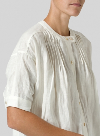 Off White Linen Pintucked Short Sleeves Blouse