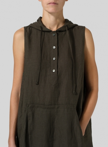 Dark Olive Brown Linen Sleeveless Hoodie Long Tunic