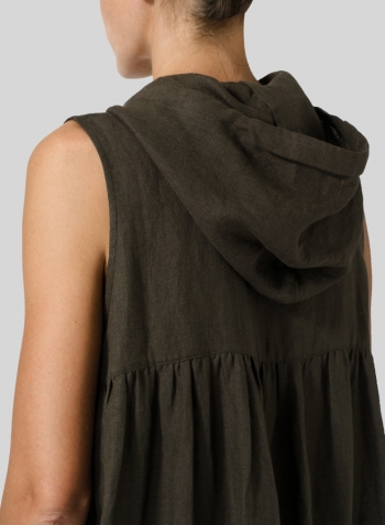 Dark Olive Brown Linen Sleeveless Hoodie Long Tunic