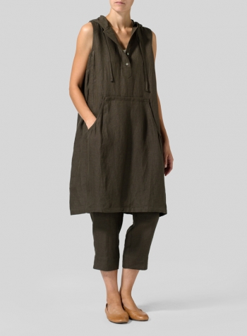 Dark Olive Brown Linen Sleeveless Hoodie Long Tunic