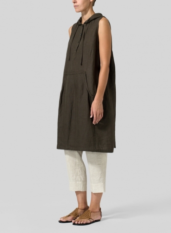 Dark Olive Brown Linen Sleeveless Hoodie Long Tunic