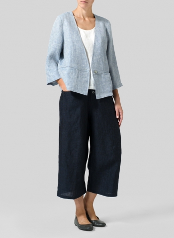 Blue White Weave Linen Boxy Fit Jacket Set