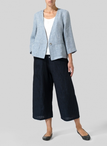 Blue White Weave Linen Boxy Fit Jacket Set