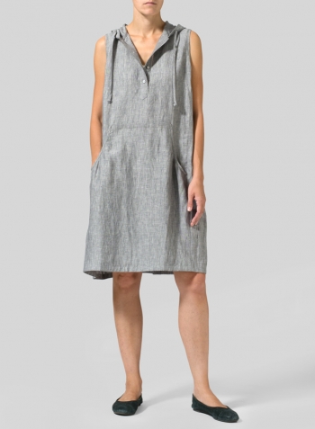 Gray Linen Sleeveless Hoodie Long Tunic