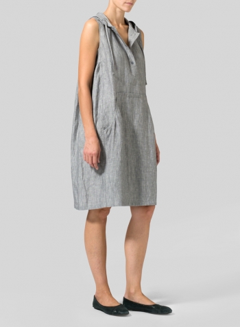 Gray Linen Sleeveless Hoodie Long Tunic