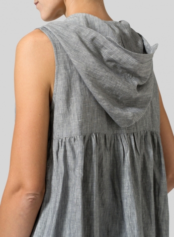 Gray Linen Sleeveless Hoodie Long Tunic