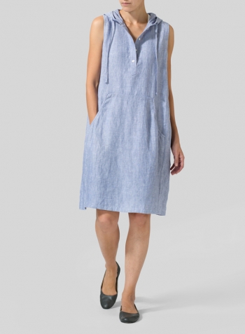 Light Denim Linen Sleeveless Hoodie Long Tunic