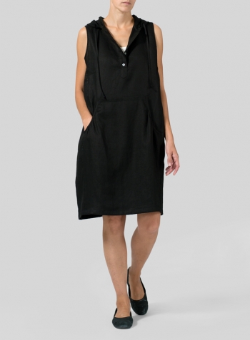 Black Linen Sleeveless Hoodie Long Tunic