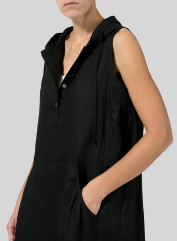 Black Linen Sleeveless Hoodie Long Tunic