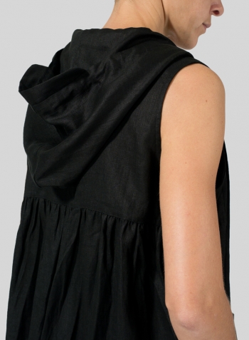 Black Linen Sleeveless Hoodie Long Tunic