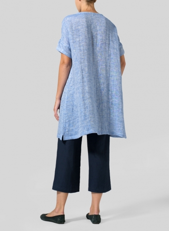 Blue White Double Cloth Linen Sweetheart Neckline S/S Tunics